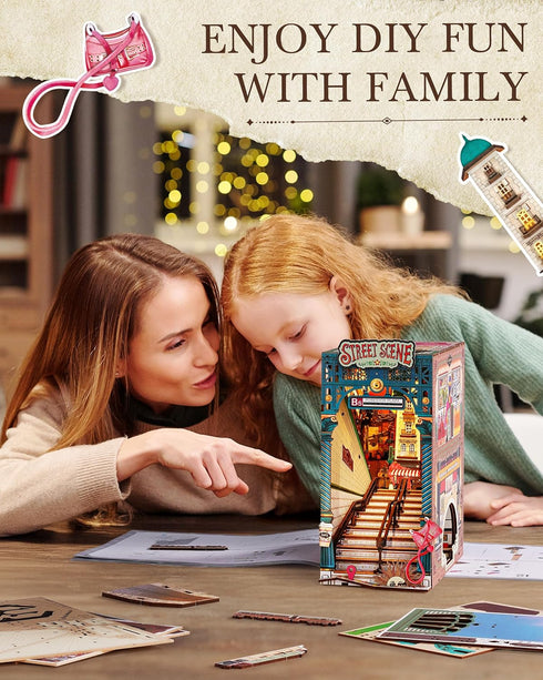 Sunset 3D Rolife DIY Book Nook Kits Street Scene, Endless Stairs Bookshelf Decor Wooden Puzzles for Adults, DIY