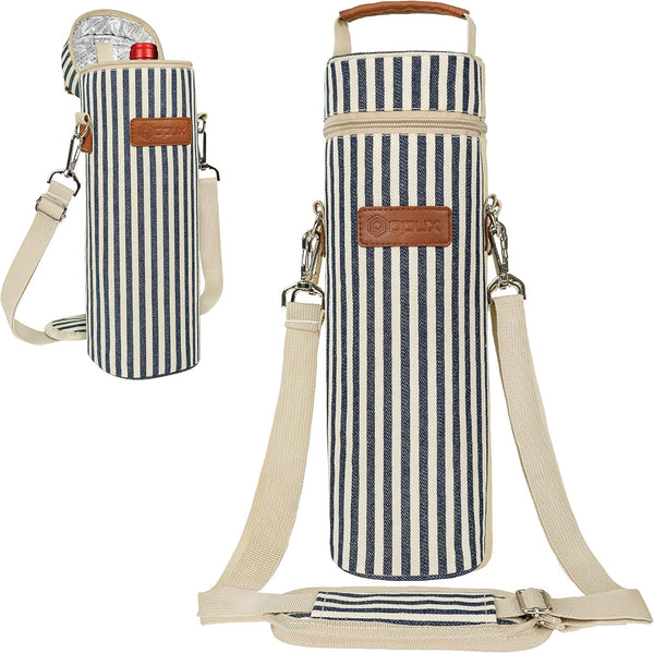 opux Insulated Wine Bag, Single Bottle Carrier Tote with Shoulder Strap for Travel, Picnic, Beach, Navy White Stripes
