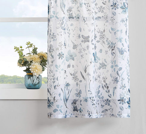 Set 3 Set 36 inch Fragrantex Blue and Grey Floral Sheer Kitchen Curtains and Valances for Cafe Piece Watercolor Flower