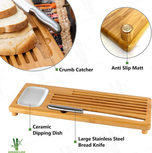 Set Eco-Friendly Large Bamboo Bread Board with Crumb Catcher & Dipping Dish