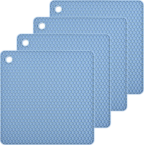 Smithcraft Silicone Trivets Mats, 4 Pack Heat Resistant Pot Mat for Countertop, 7.5x7.5 Inch, Square (Grey Blue)
