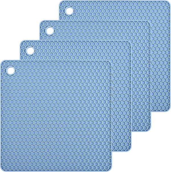 Smithcraft Silicone Trivets Mats, 4 Pack Heat Resistant Pot Mat for Countertop, 7.5x7.5 Inch, Square (Grey Blue)