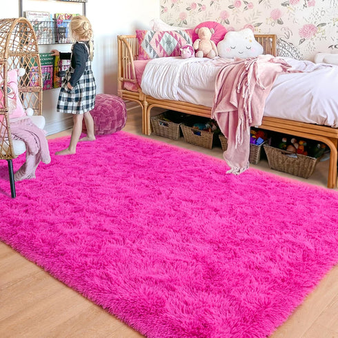 ISEAU Fluffy Rug Carpets, Soft Shaggy Area Rugs for Kids Room, Comfy Cute Nursery Mat, 3ft x 5ft, Hot Pink
