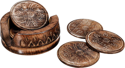 Handmade Wooden Coaster Set of 6 with Lotus Shaped Holder Rustic Drink