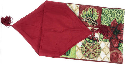 Tache Home Fashion Christmas Decorative Tapestry Table Runners with Tassels, Holiday Tidings Poinsettia 13 x 90
