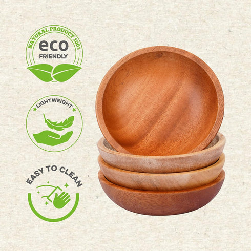 Mini Wooden Bowl Set of 4, 3.54" Diameter for Condiments, Dip Sauce, Small Wood Bowl for Jam, Olive