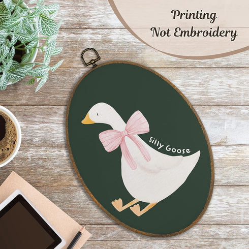 8.6x11.4 Inch LKETW Coquette Pink Bow Silly Goose Oval Wall Art Decor, Dark Green Goose Oval Canvas Hanging Decor