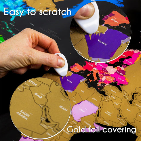 Scratch-Off World Map with US States, Track Travel Routes, Landmarks, Wonders - Laminated Large Poster (24"x36").