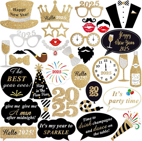 KatchOn Photo Booth Props for New Years Eve 2025 | Huge Pack of 35 | Happy New Year Decorations and Party Supplies