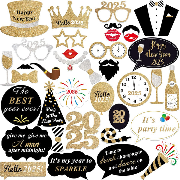 KatchOn Photo Booth Props for New Years Eve 2025 | Huge Pack of 35 | Happy New Year Decorations and Party Supplies