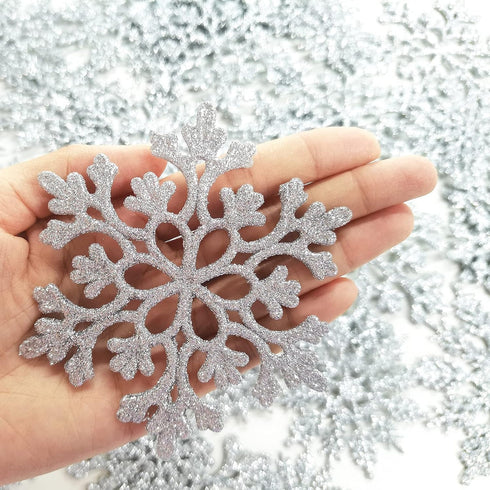 36 Pack Silver Snowflake Ornaments, Plastic Glitter Snow Flakes for Winter Christmas Tree Decorations, Size Varies