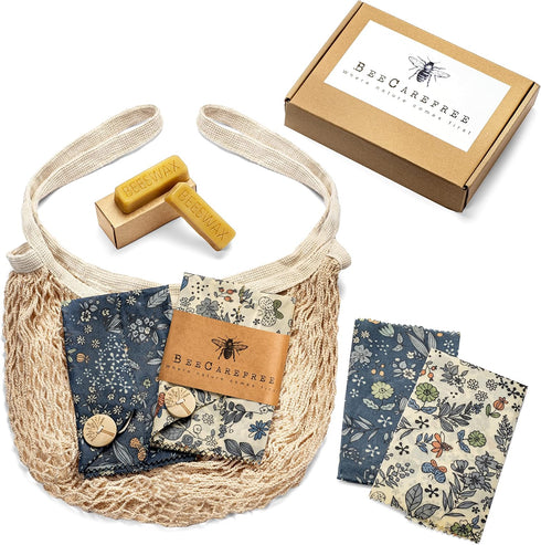 4-Pack Reusable Beeswax Wraps with Produce Bag & 2 Beeswax Bars