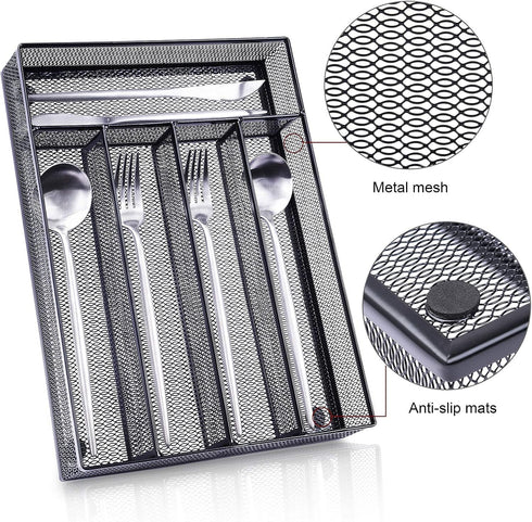WuGeShop Black Silverware Drawer Organizer, Metal Mesh Utensil Tray, Non-Slip Cutlery Tray with 5 Compartments
