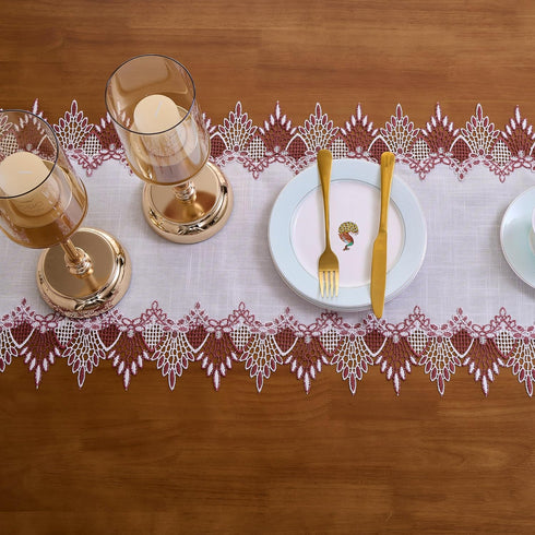90 inches 16x90) White Dark Red Linen Lace Table Runner Long, Claret Dresser Scarf Table Topper for Christmas Kitchen