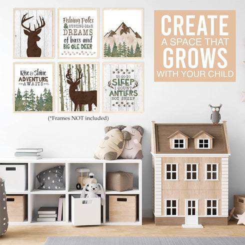6 Hadley Designs Woodland Nursery Wall Decor - Reversible Unframed Baby Boy Nursery Decor, Hunting Decors for Boys