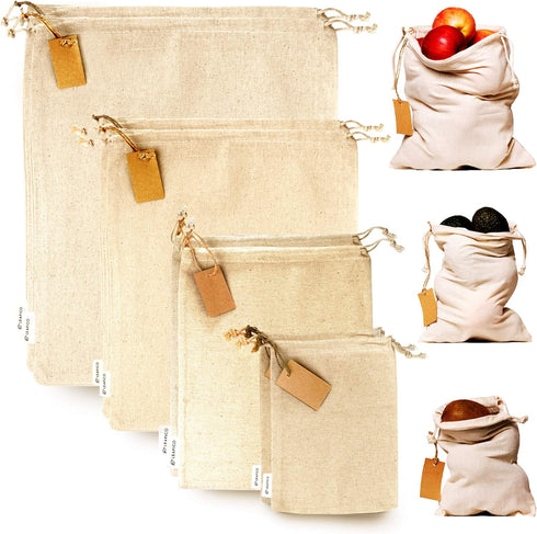 LEAFICO Muslin Cloth Bags with Drawstrings - Set of 8 (S, M, L, XL) - Reusable Natural Cotton Bags for Bulk Food Storage