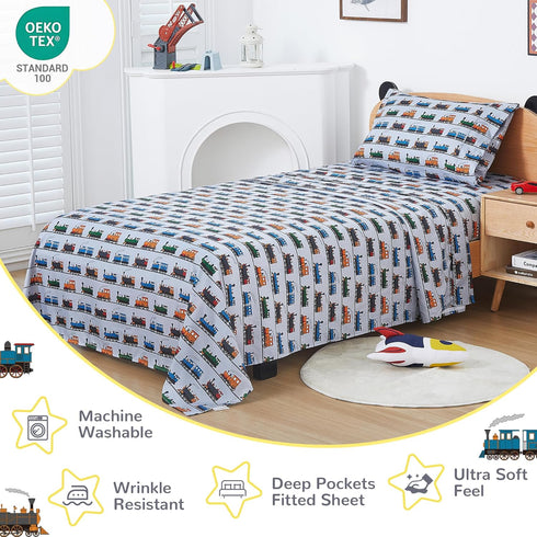 4 Set Sets- Viviland Pieces Boys Grey Full Sheet - Soft Microfiber Fitted Flat Sheets & Pillowcases - Retro Train Print