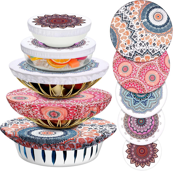 Patelai 10 Pieces Reusable Bowl Covers, 5 Size Stretch Cloth Fabric Food Storage Covers, Cotton Bread Bowl Covers