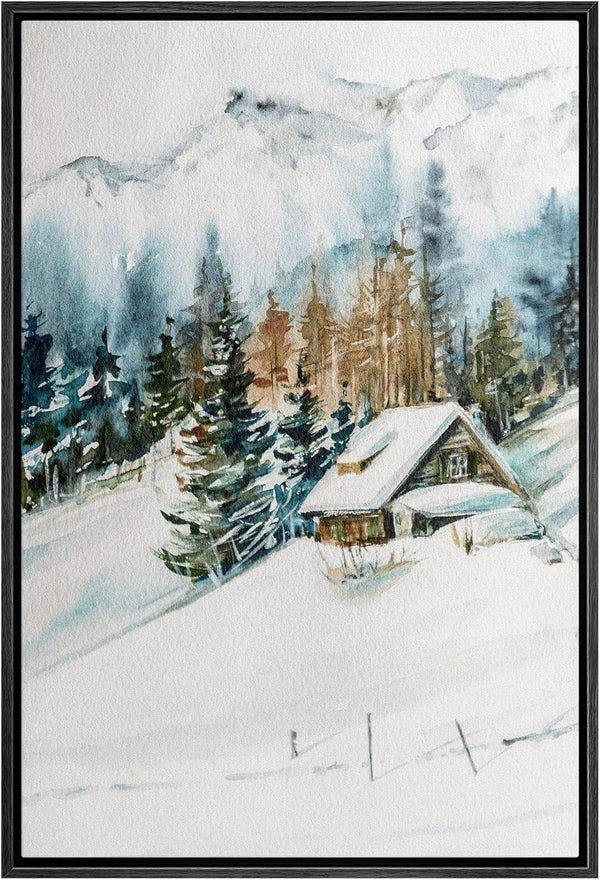 SIGNWIN Framed Canvas Print Wall Art Woodland Nursery Decor Log Cabin Winter
