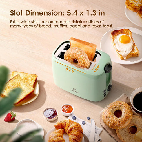 iSiLER 2 Slice Toaster: Compact Bagel Toaster with 1.3" Wide Slot, 7 Shade Settings, Green