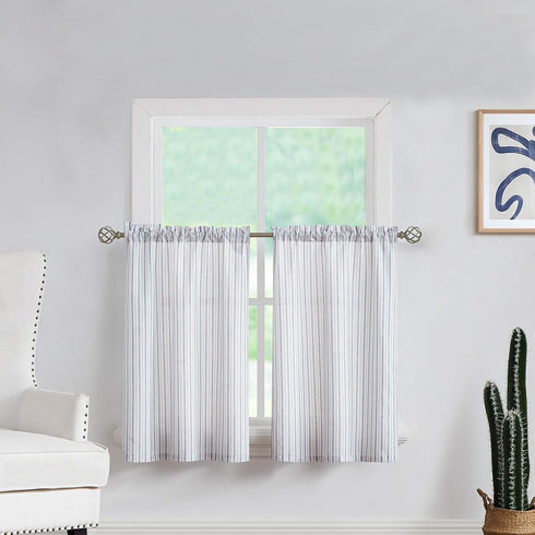 Boho Rustic Striped Sheer Tiers Curtains, 27 Inch x 24 Inch, White/Blue for Living Room, Bedroom, Kitchen, Patio, Villa