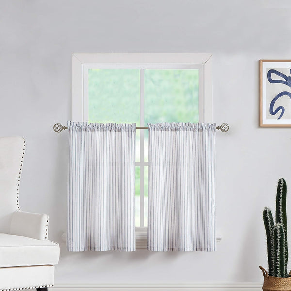 Boho Rustic Striped Sheer Tiers Curtains, 27 Inch x 24 Inch, White/Blue for Living Room, Bedroom, Kitchen, Patio, Villa
