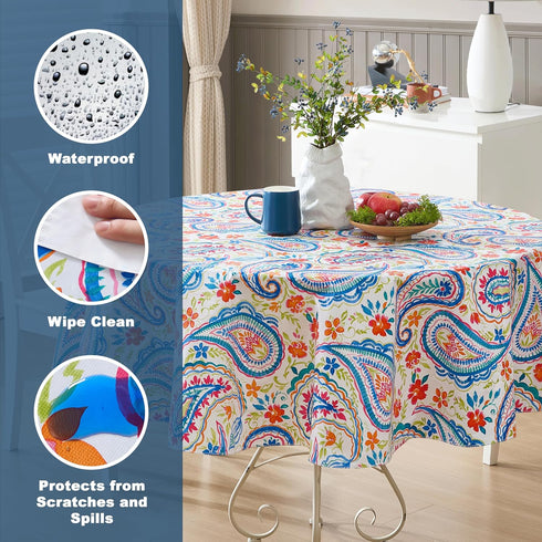 Newbridge Boho Chic Paisley Vinyl Tablecloth with Flannel Backing, 70 Inch Round, Blue Red Pink Floral Print