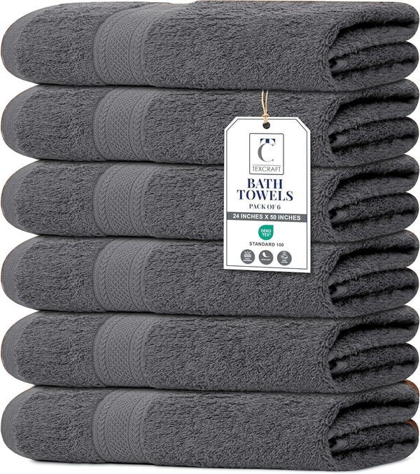 Large Bath Towels Set of 6 100% Cotton Terry 24" x 50"