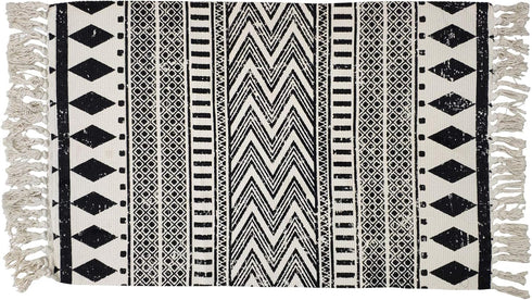 USTIDE Black & Cream Cotton Rug, Boho Rag Rug, Washable Farmhouse Bath Doormat, 2’×3’