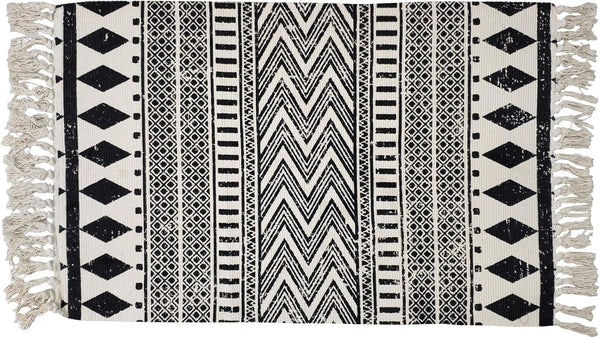 USTIDE Black & Cream Cotton Rug, Boho Rag Rug, Washable Farmhouse Bath Doormat, 2’×3’