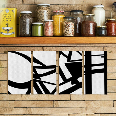Set 4 16x24 Inches Abstract Black and White Kitchen Dish Towels of - Mid Century Modern Black and White Decorative Hand