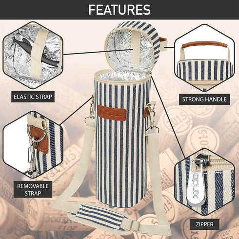 opux Insulated Wine Bag, Single Bottle Carrier Tote with Shoulder Strap for Travel, Picnic, Beach, Navy White Stripes
