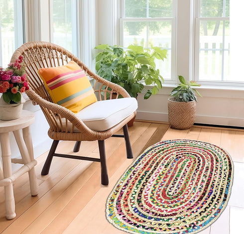 COTTON CRAFT Jute Chindi Braid Rag Rug - Boho Farmhouse Rustic Area Accent Throw Rug - Handwoven Reversible Natural Recycled Cotton- Living Room Den Study Home Décor Gift - 2' x 3' Oval - Multi Color by COTTON CRAFT
