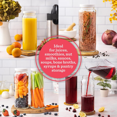Set 32 oz 4 Pack All About Juicing Glass Bottles - Jars, Wide Mouth with Lids for Juice, Smoothies, Water, Milks