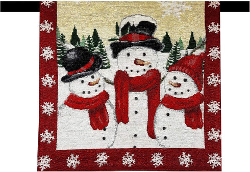 Table Runner with Trio of Snowmen, Sparkling Snowflakes, Trees and Glitter Tapestry 36 inches for Winter and Christmas