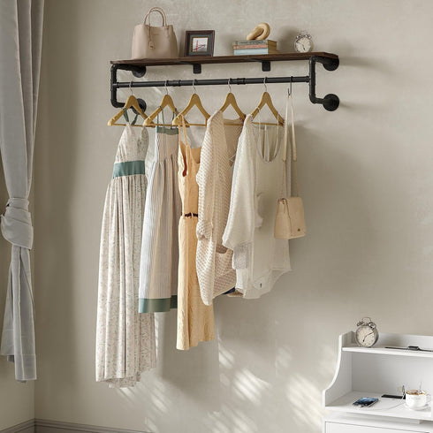 Industrial Pipe Clothes Rack with Top Shelf and 3 Hooks, 41''L Wall Mounted Heavy Duty Iron Garment Rack