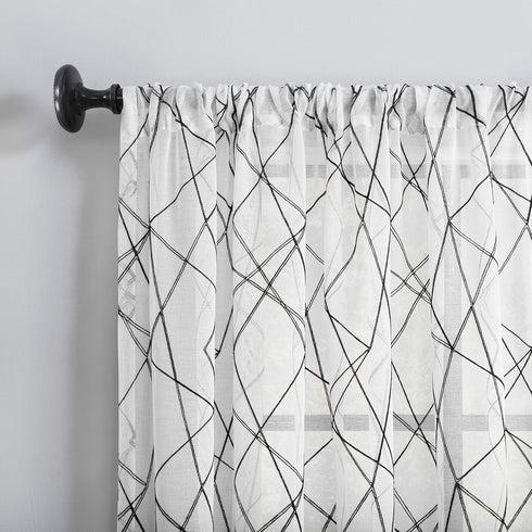 No. 918 Fraction 2-pack Mid-Century Modern Geometric Embroidery Semi-Sheer Curtain Panel Pair, 50" x 84", Black