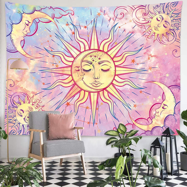 Ohjijinn Pastel Pink Burning Sun Tapestry - Mystic Celestial Sun and Moon with Stars - Psychedelic Tie Dye Wall Hanging