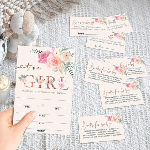 Utaqer 100 set, Supplies/tz-a011 Blush Pink Floral Baby Shower Invitation Cards With Envelopes, Diaper Raffle Tickets