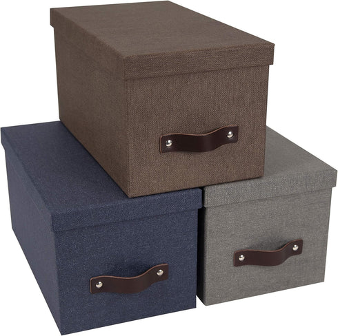 Bigso Silvia Organizational Storage Box with Leather Handle, Durable Decorative Storage Boxes with Lids, Gray