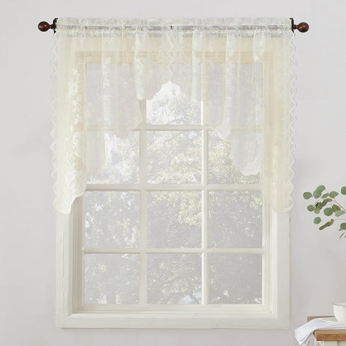 No. 918 Alison Floral Lace Sheer Kitchen Curtain Swag Pair, 58" x 38", Ivory