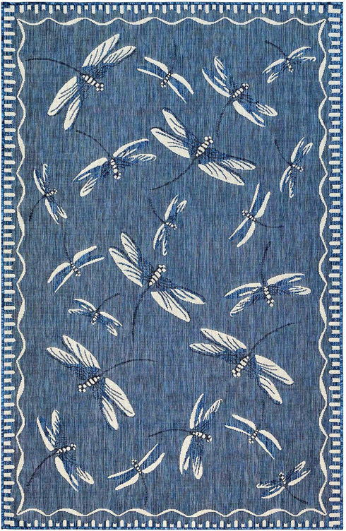 Liora Manne Carmel Low Profile Easy Care Indoor/Outdoor Woven Rug-Contemporary, Decorative, Botanical, Dragonfly Navy 3'3" x 4'11" by Liora Manne