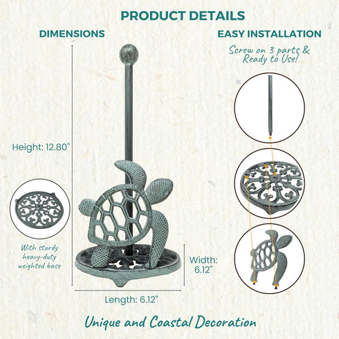 Countertop Coastal Sea Turtle Paper Towel Holder Ocean-Inspired Cast Iron Kitchen Dcor, Rustic Beach House Accessory