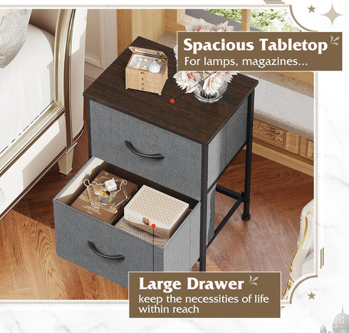 WLIVE Nightstand, 2 Drawer Dresser for Bedroom, Small Dresser with Fabric Bins, Dark Grey