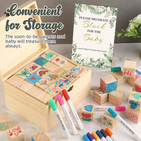 72PCS wookidel Baby Shower Games Kit with Blank Wooden Blocks, Acrylic Paint Marker, Wooden Box and Sign, Blocks
