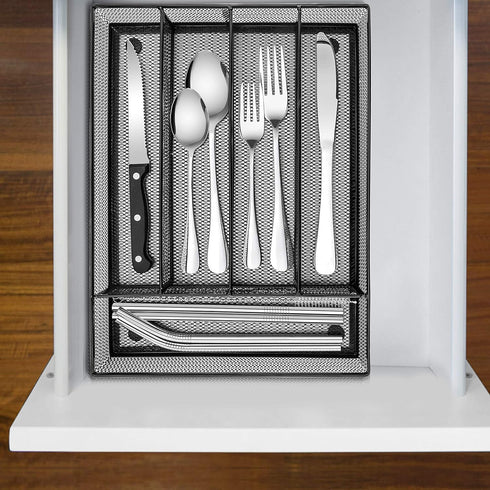 E-far Silverware Drawer Organizer - Black Mesh Wire Utensil Tray, 5 Compartment Cutlery Holder, Small Size