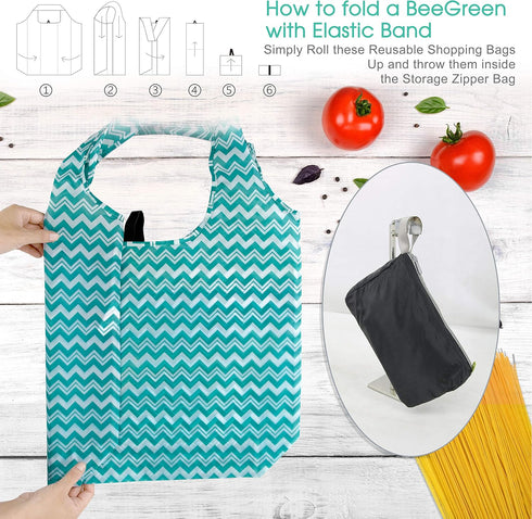 BeeGreen 12 Pack Reusable Grocery Bags Lightweight Durable Shopping Bags Washable Foldable Xlarge Classic Geometric
