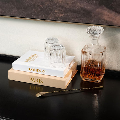 Set 2 Decorative Books with Storage (Caramel/Beige) of Faux Linen Book Boxes with Gold Stamped Covers Enhance Your