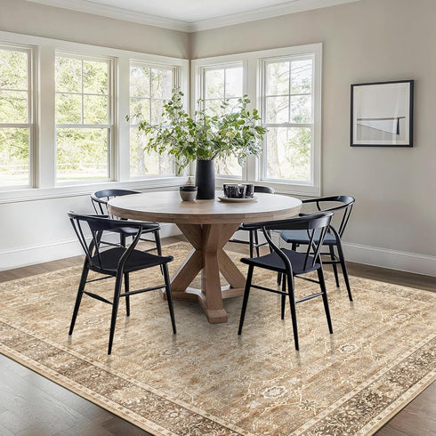 5x7 Beige Washable Rug for Living Room Large Vintage Distressed Bedroom Rug Low Pile Non-Slip Soft Boho Carpets
