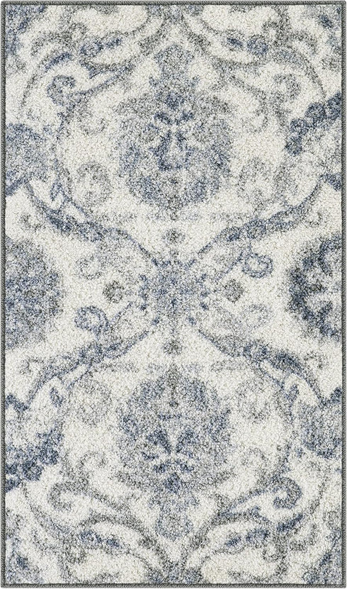 Maples Rugs Blooming Damask Area Rugs, Washable Non Slip Indoor Carpet for Entryway, 1'8 x 2'10, Grey/Blue